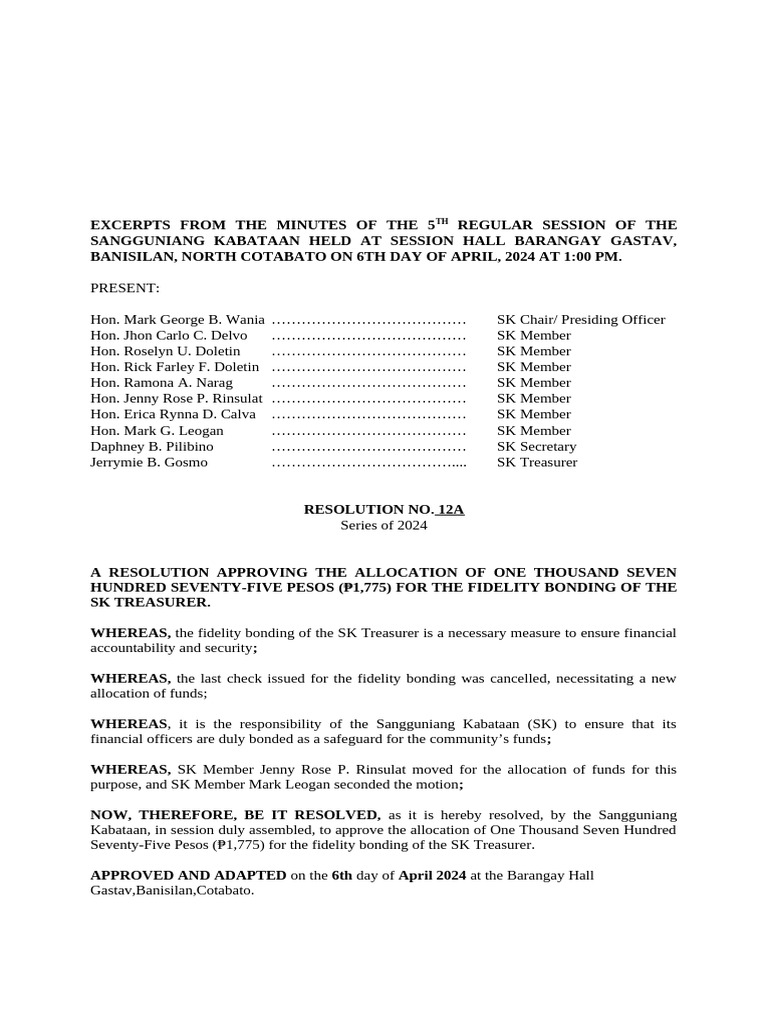 SK Session Minutes: Fidelity Bonding Fund | PDF | Youth | Youth ...
