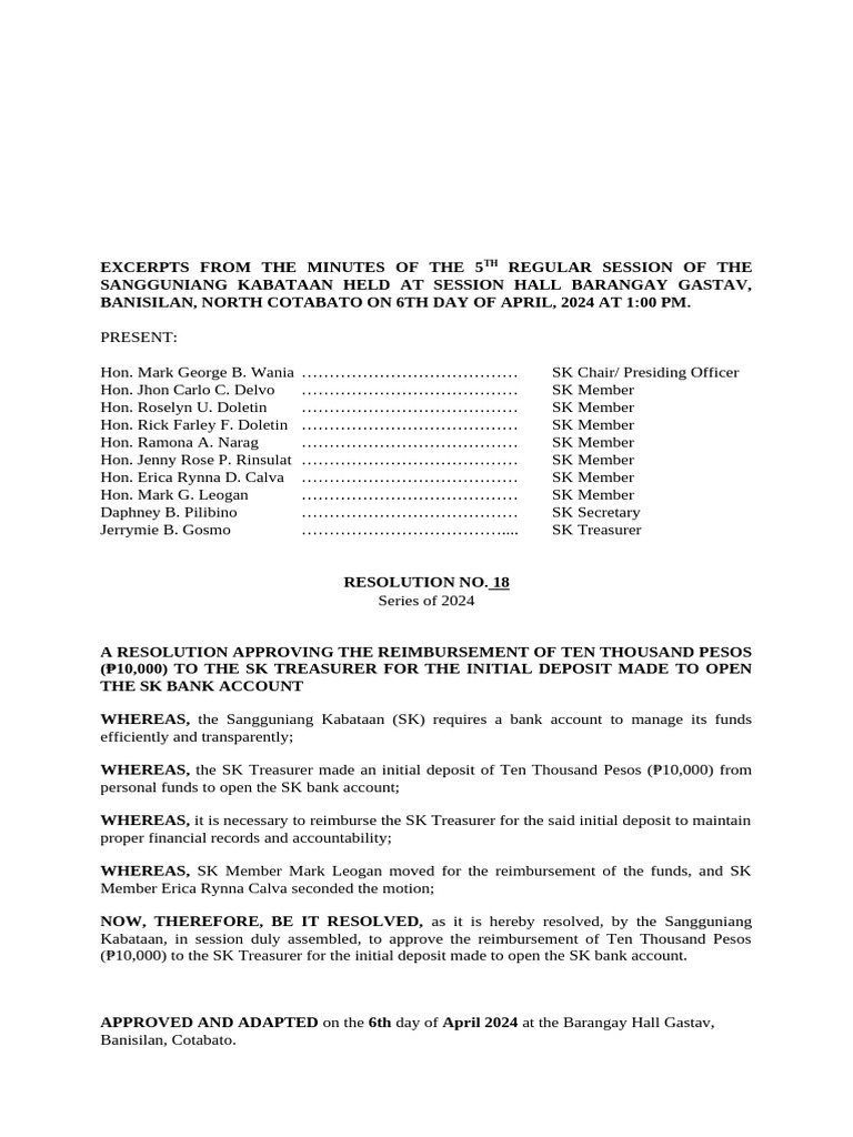 RESOLUTION 18, Reimbursement of Initial Deposit | PDF | Youth | Youth ...