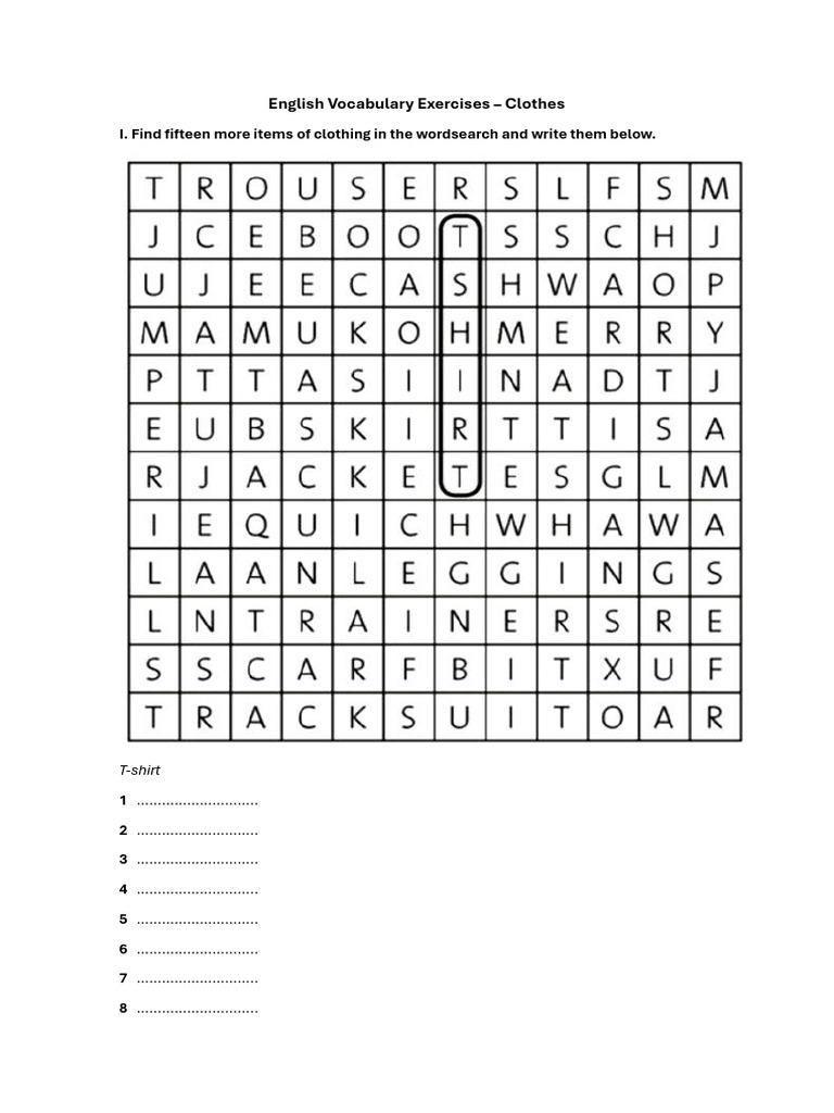 English Vocabulary Exercises Clothes PDF