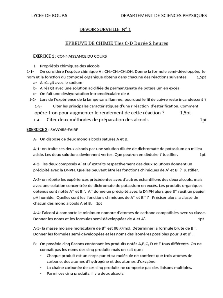 Devoir de chimie : alcools et réactions | PDF | Réaction d ...