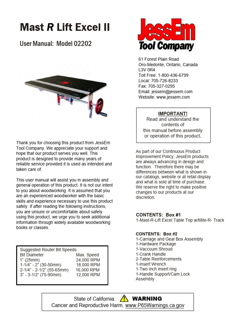 Mast-R-Lift Excel II - English and French - WITH Prop 65 - Lower ...