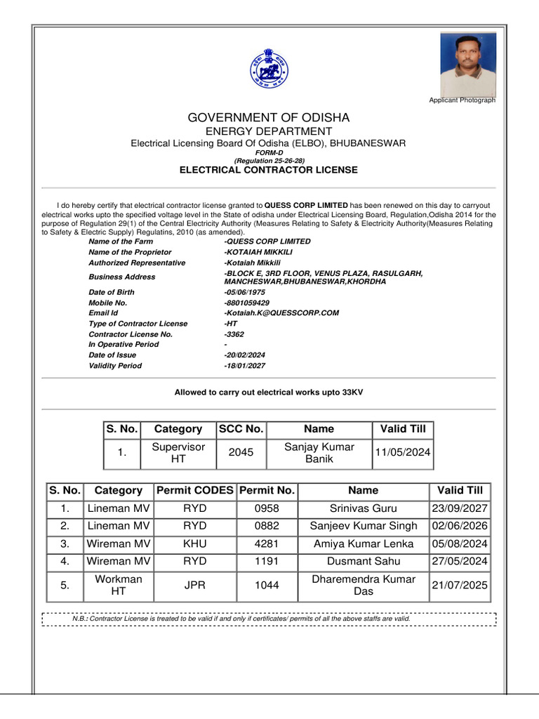 Odisha Electrical Contractor License Renewal | PDF