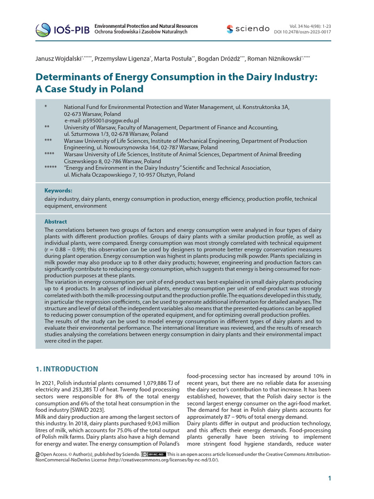 Energy Use in Polish Dairy Plants | PDF | Dairy | Regression Analysis