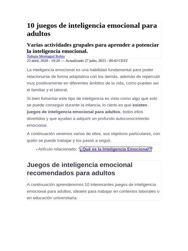 10 Juegos de Inteligencia Emocional para Adultos | PDF | Las emociones ...