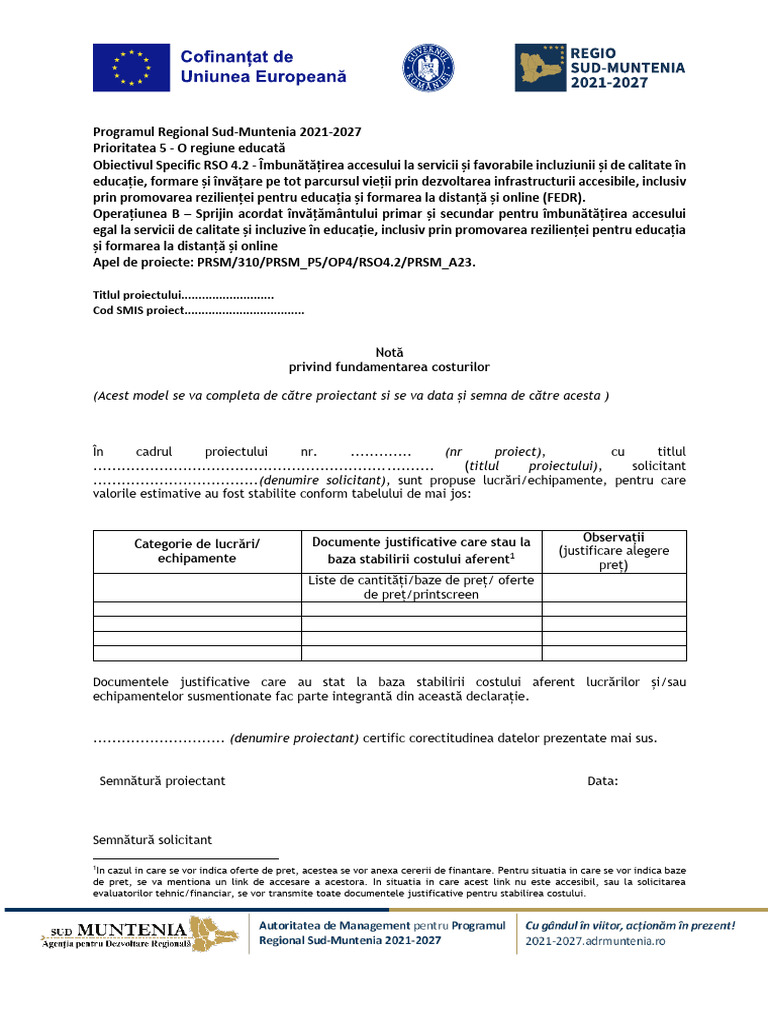 Anexa - Model Notă de Fundamentare A Costurilor | PDF
