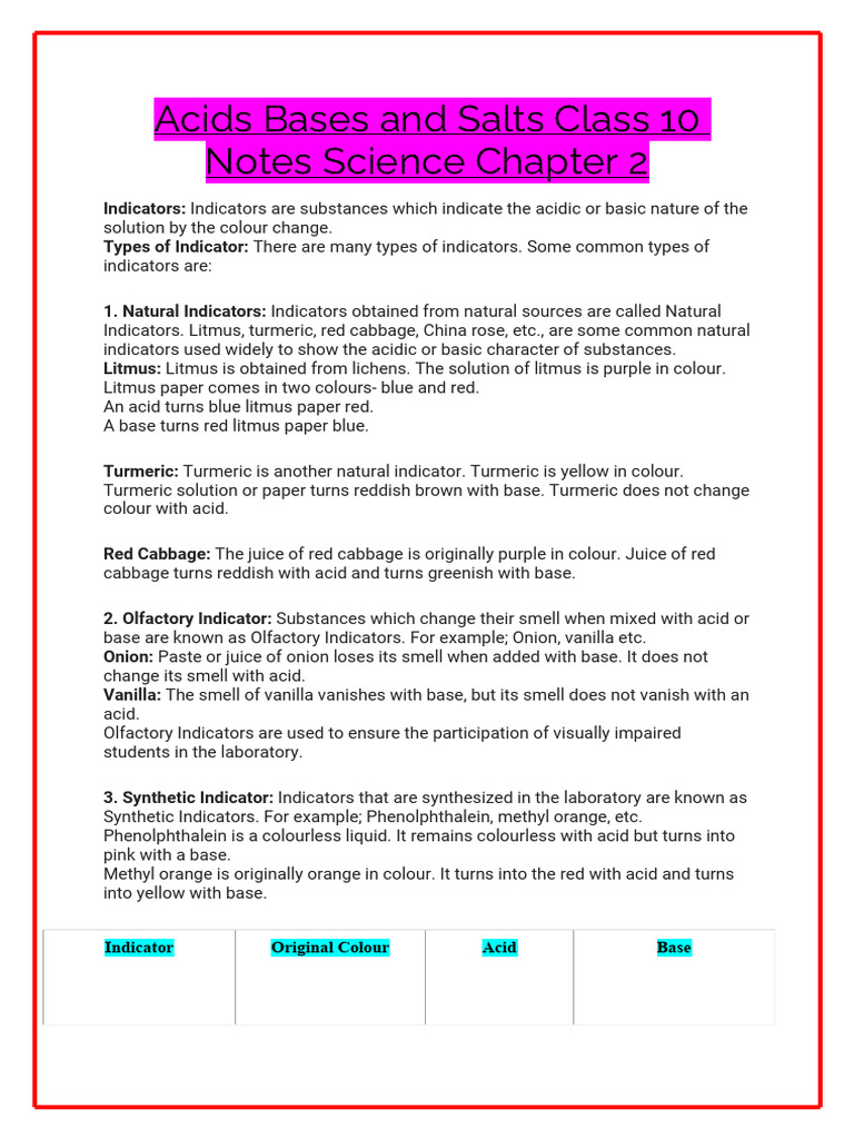 Acids, Bases, and Salts: Class 10 Notes | PDF | Sodium Bicarbonate | Acid
