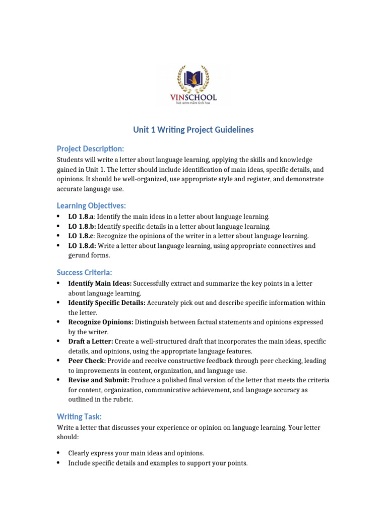 Unit 1 Writing Project Guidelines | PDF | Learning | Rubric (Academic)