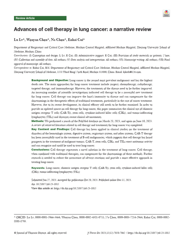 Advances of Cell Therapy in Lung Cancer A Narrative Review 2024 | PDF ...