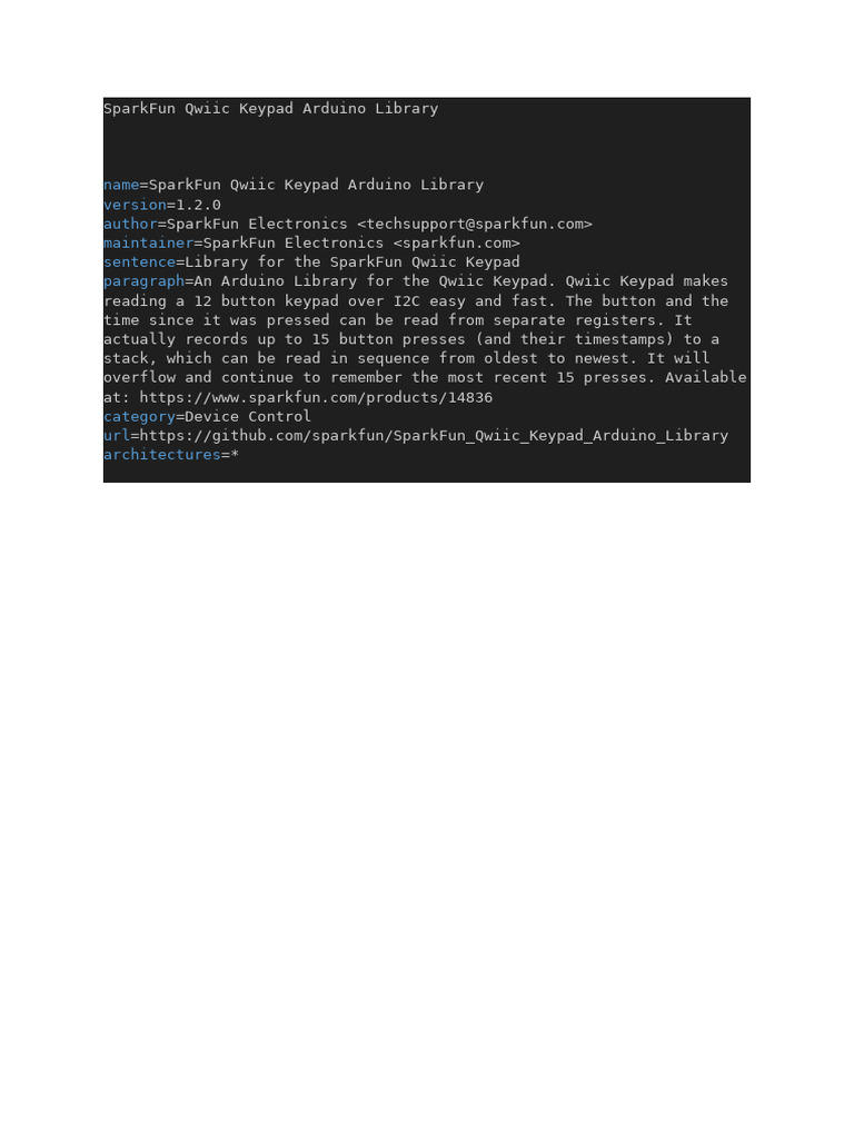 SparkFun Qwiic Keypad Arduino Library | PDF
