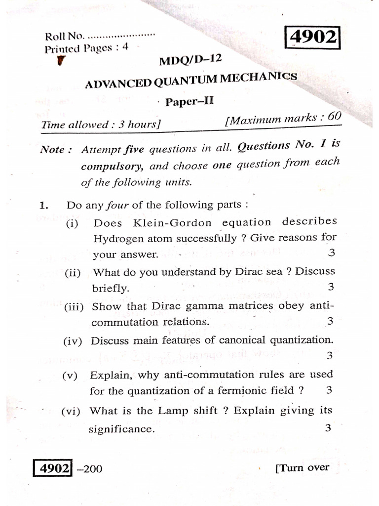 Advanced Quantum Mechanics (Paper) | PDF