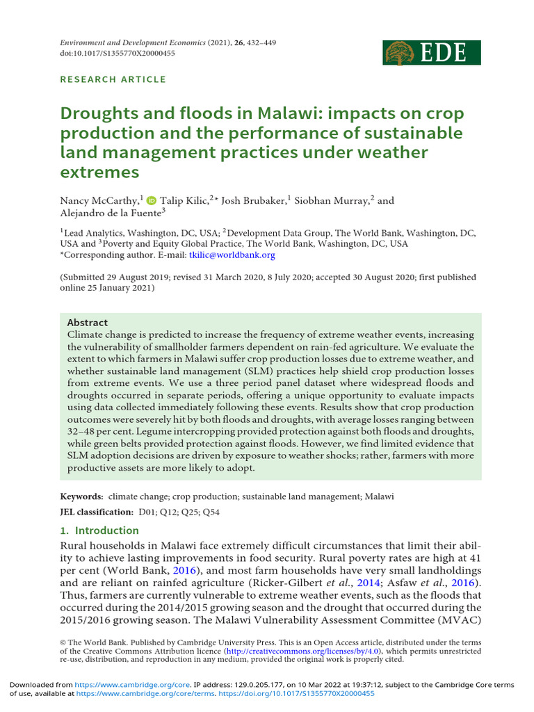 Droughts and Floods in Malawi Impacts On Crop Production and The ...