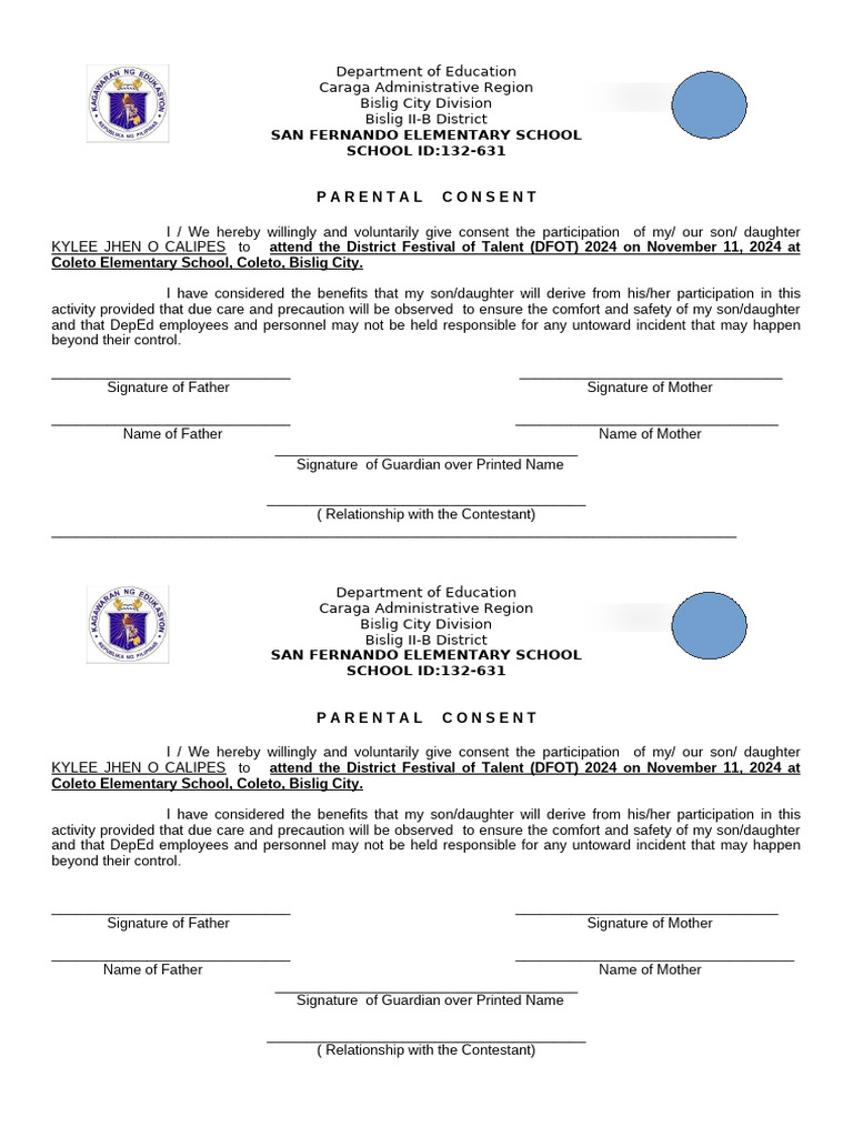 Parental Consent for DFOT 2024 | PDF | Family