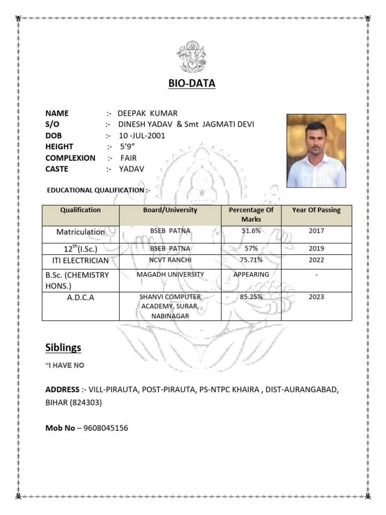 Bio Data of Deepak Kumar | PDF