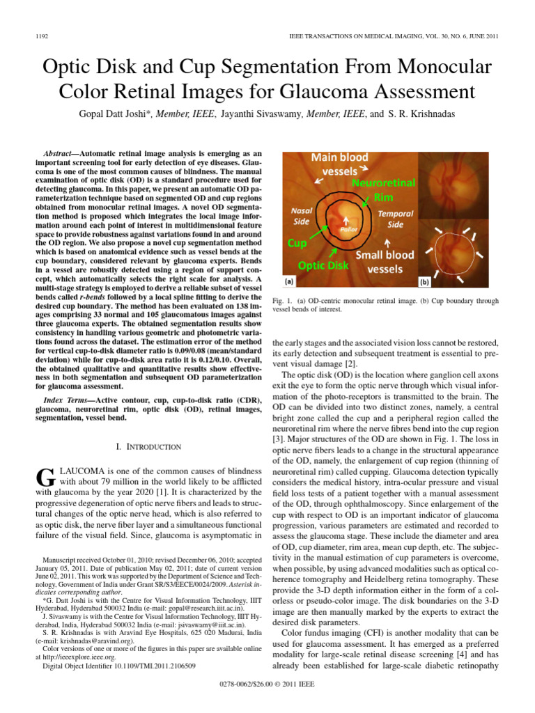 Optic Disk and Cup Segmentation From Monocular Color Retinal Images For ...