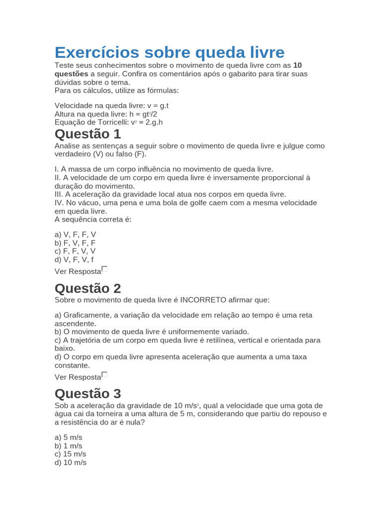 Exercícios sobre Queda Livre | PDF | Velocidade | Gravidade