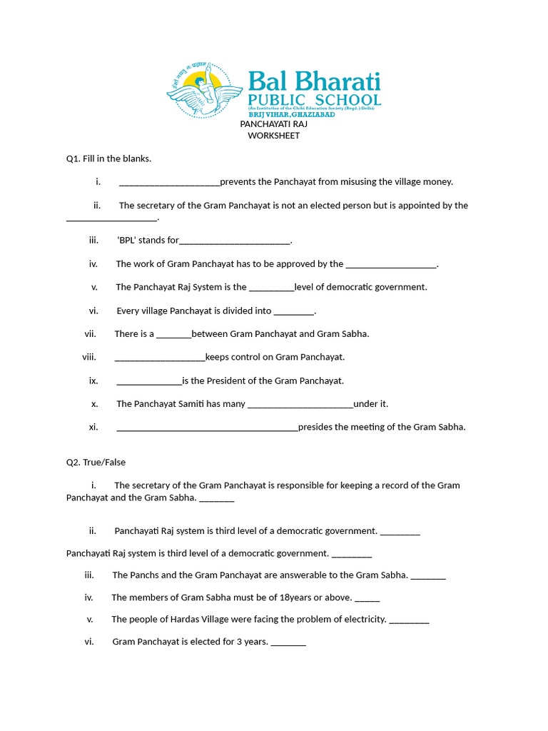 Panchayati Raj Worksheet for Class 6 | PDF