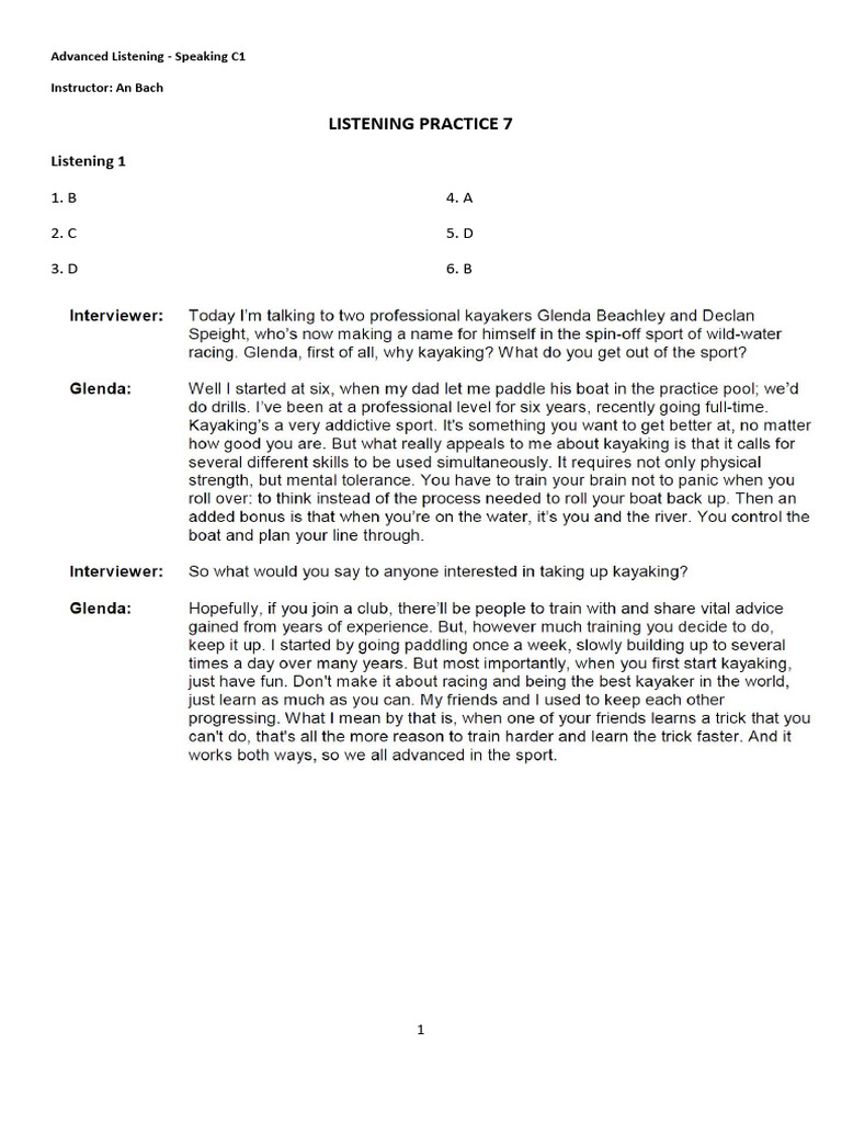 Advanced Listening and Speaking C1 - Listening Practice 7 (KEY) | PDF