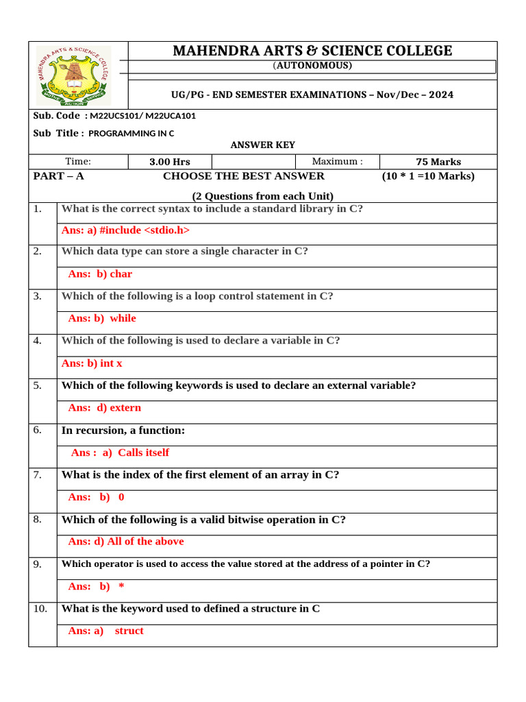 M22ucs101-M22uca101-Answer Key | PDF | Pointer (Computer Programming ...