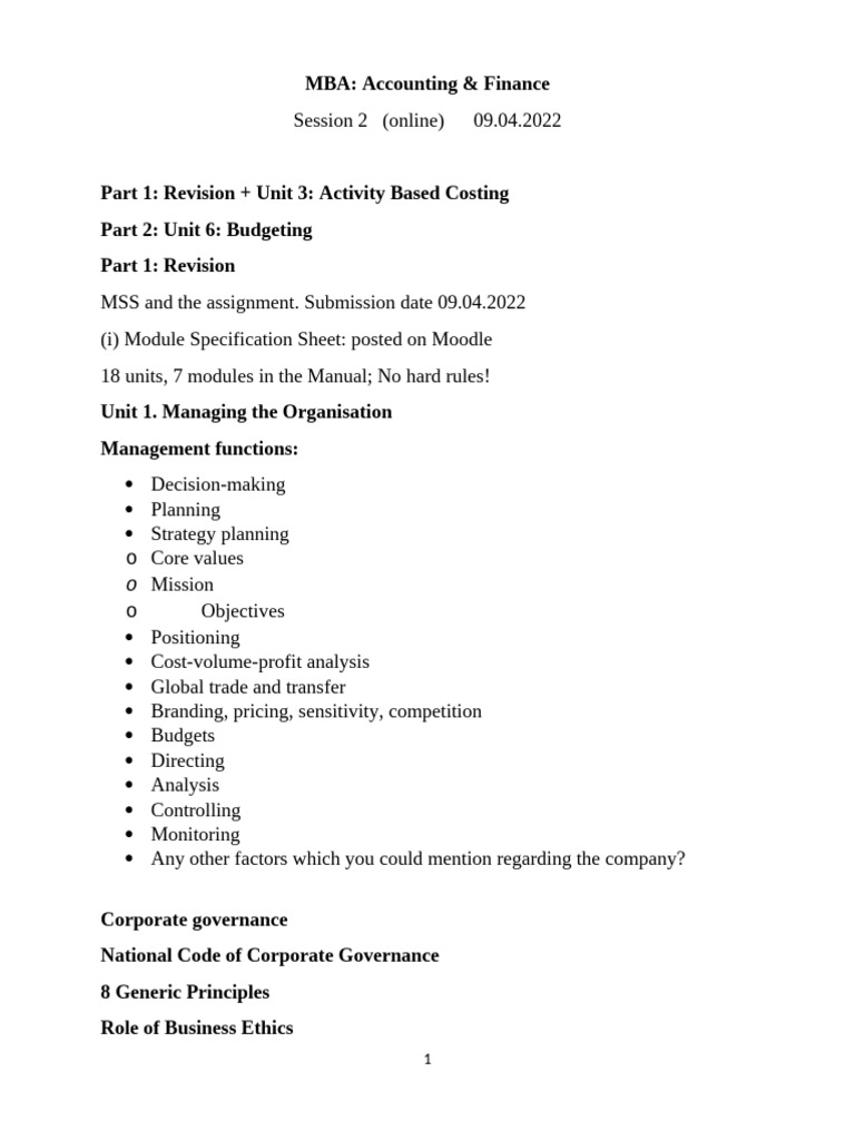 Session 2 Notes AF Online 09.04.2022 | PDF | Budget | Cost