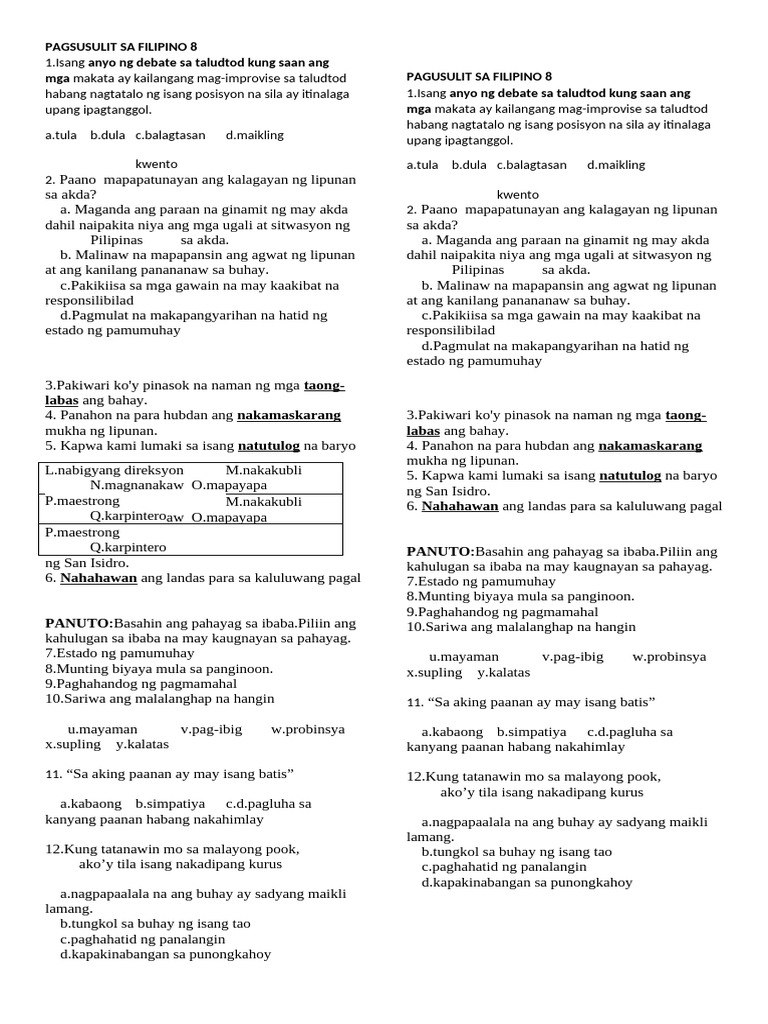 Pagsusulit Sa Filipino 8 4 | PDF