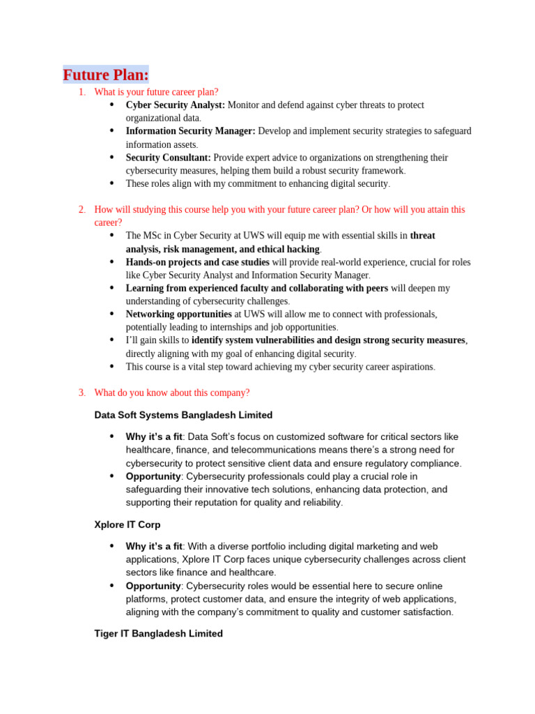 Future Plan After Studying MSC in Cyber Security | PDF | Computer ...