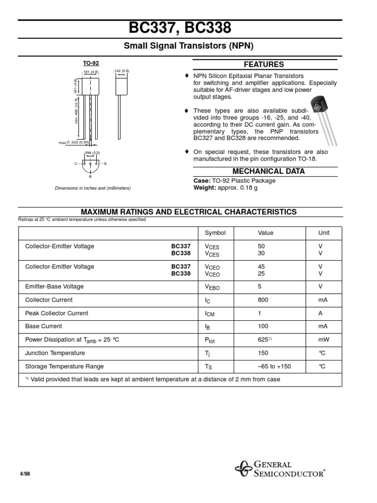 BC337, BC338: Small Signal Transistors (NPN) | PDF