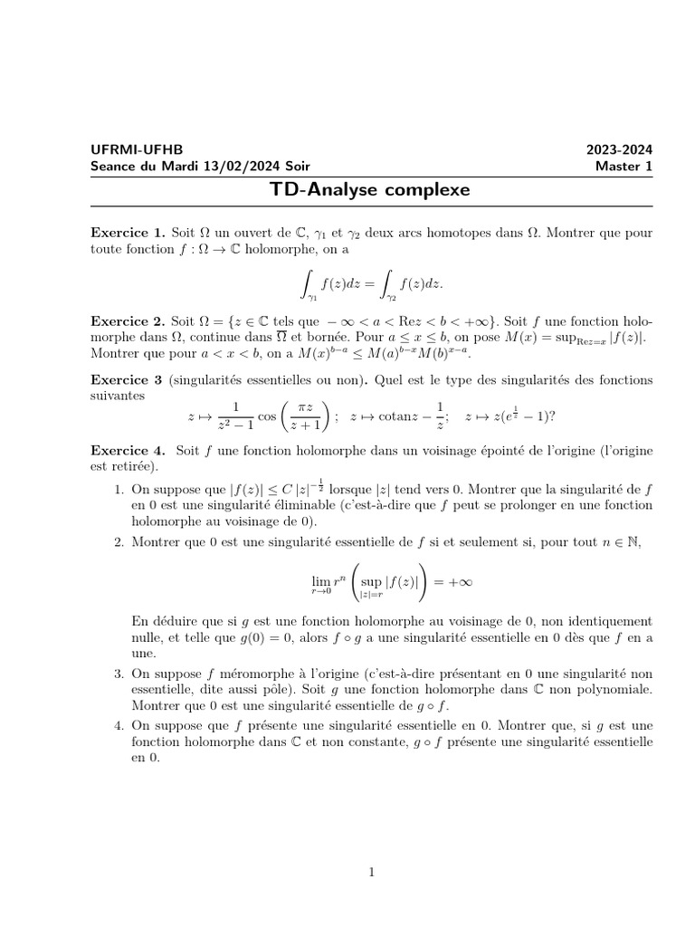 TD d'Analyse Complexe - Master 1 | PDF | Analyse mathématique ...