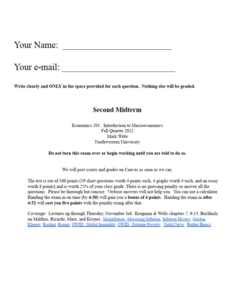 Econ 201 Midterm Exam Instructions | PDF | Inflation | Recession