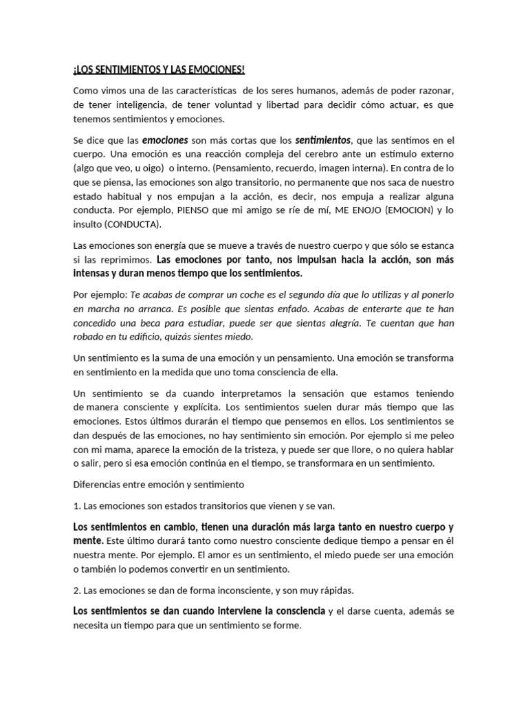 LOS SENTIMIENTOS Y LAS EMOCIONES Diferencias | PDF | Las emociones ...