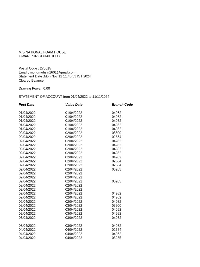 Post Date Value Date Branch Code | PDF