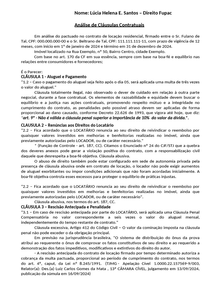 Análise de Cláusulas Abusivas em Contrato de Locação | PDF | Aluguel ...