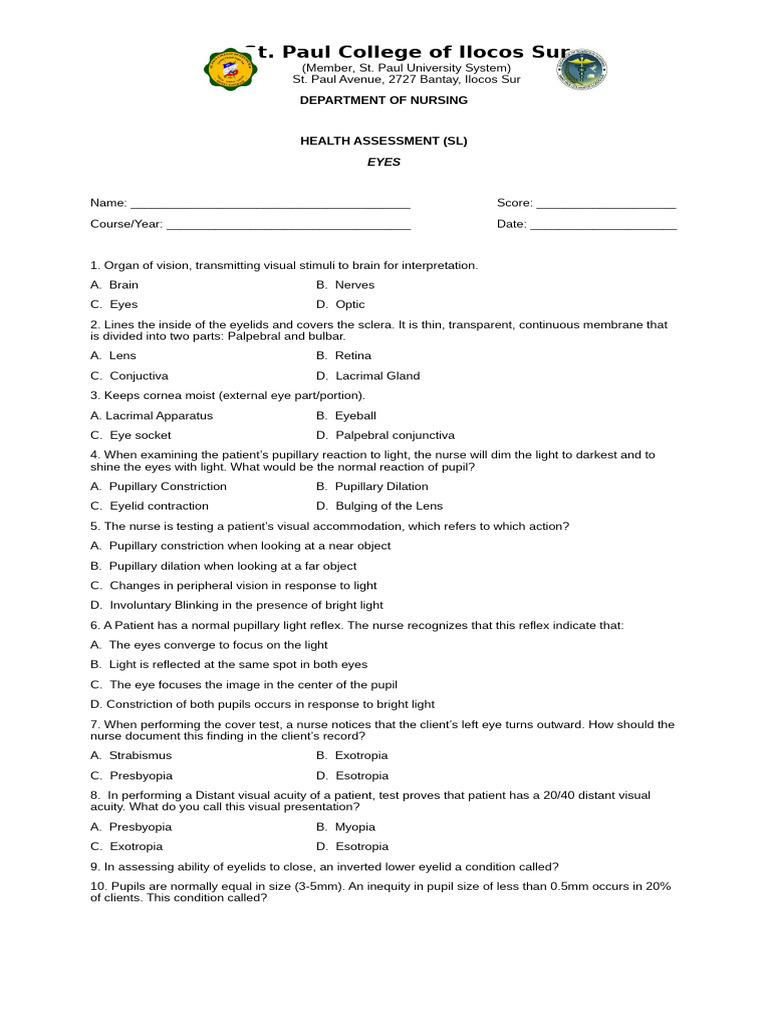 Eye pre test pdf eye sensory organs
