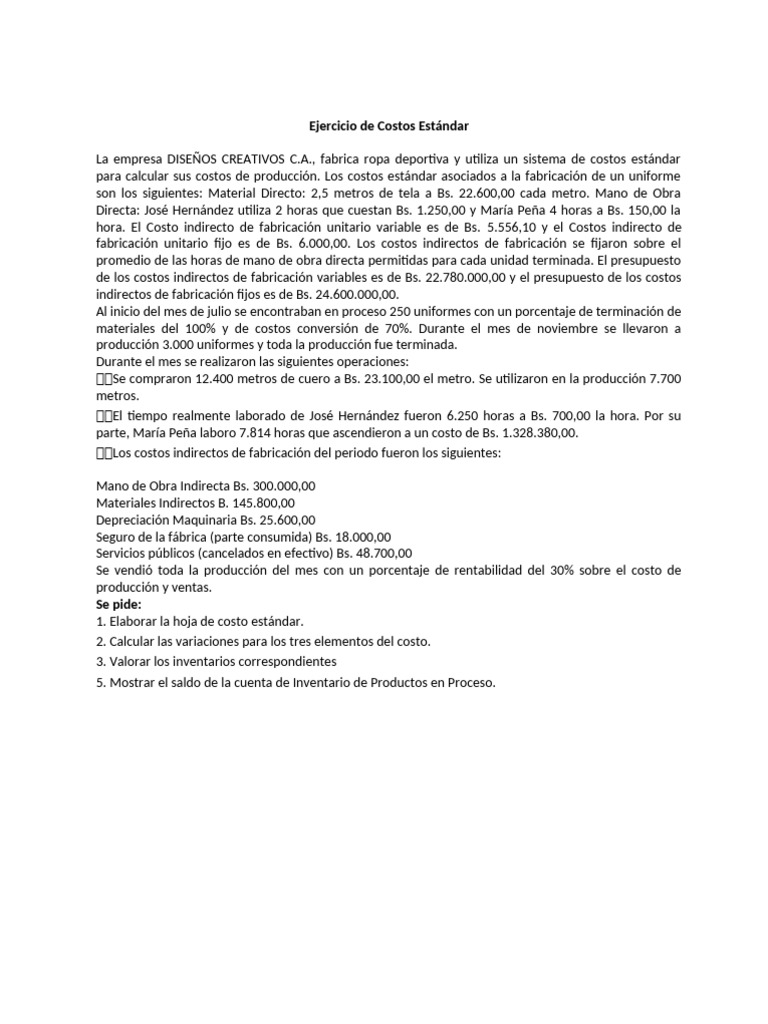Ejercicio Costos Estándar Pdf Finanzas Y Dinero