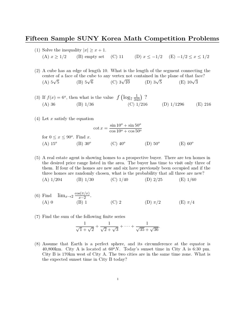 SUNY Korea Math Competition Problems | PDF | Pi | Square Root