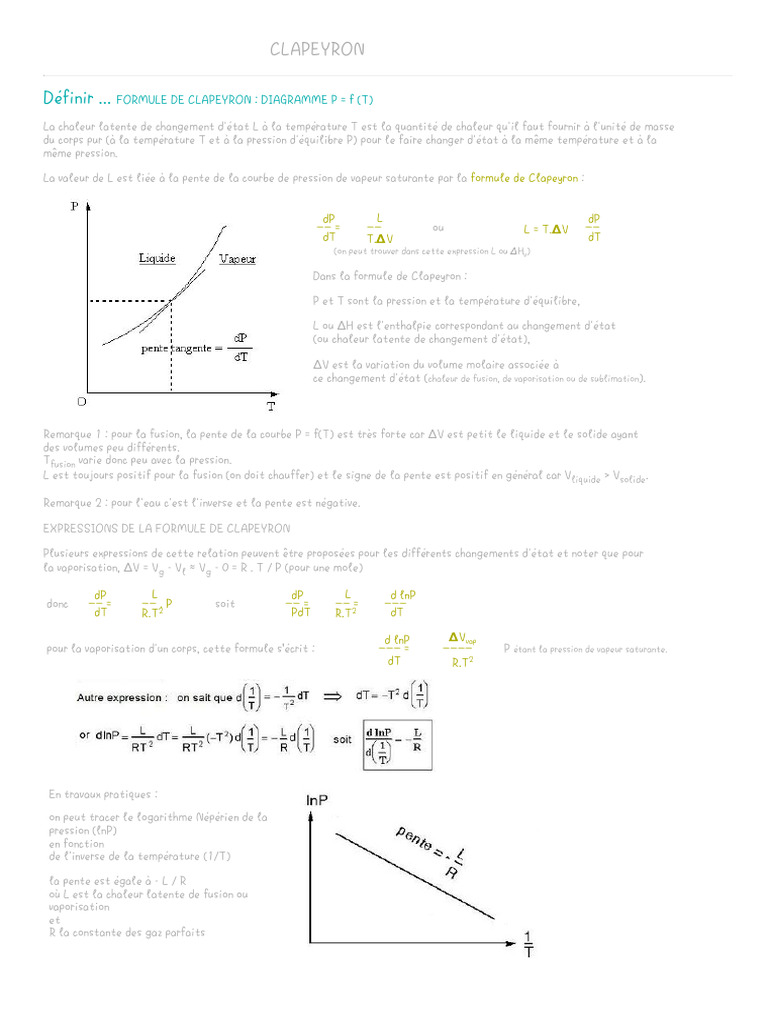 Formule de Clapeyron et chaleur latente | PDF | Enthalpie de changement ...