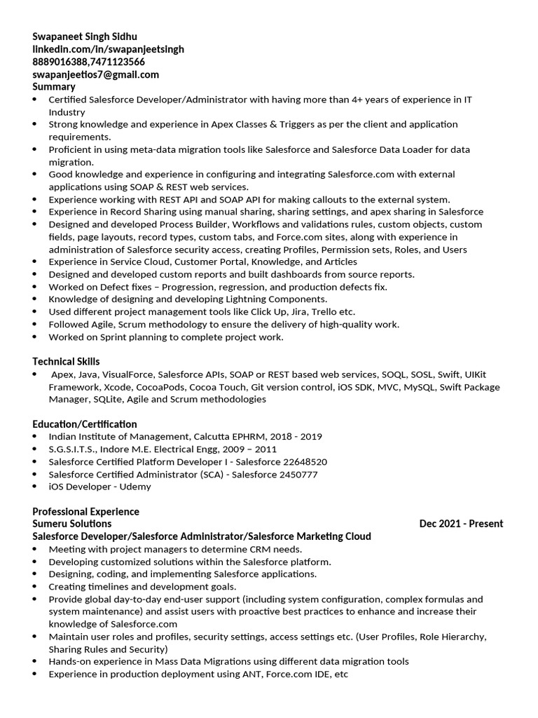 Salesforce Developer Profile Summary | PDF | Recruitment | Ios