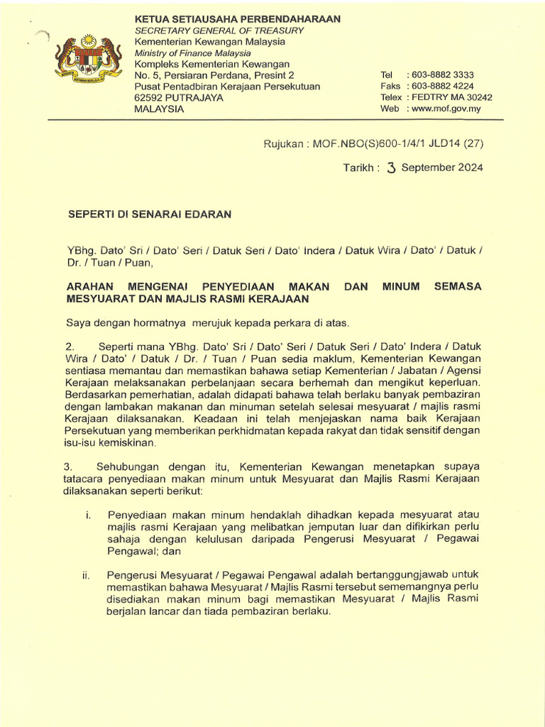 Arahan Mengenai Penyediaan Makan & Minum Semasa Mesyuarat & Majlis ...