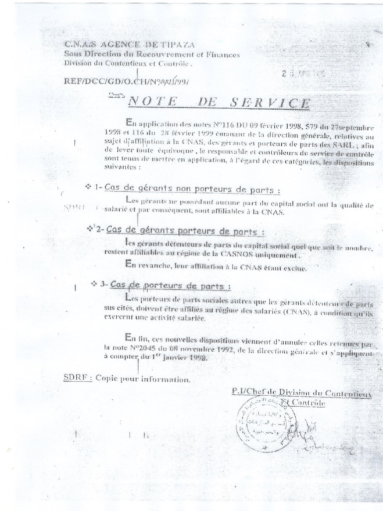 Note de Service Cnas | PDF