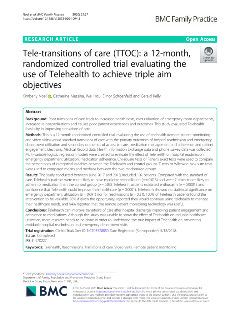 Tele-Transitions of Care (TTOC) - A 12-Month, Randomized Controlled ...