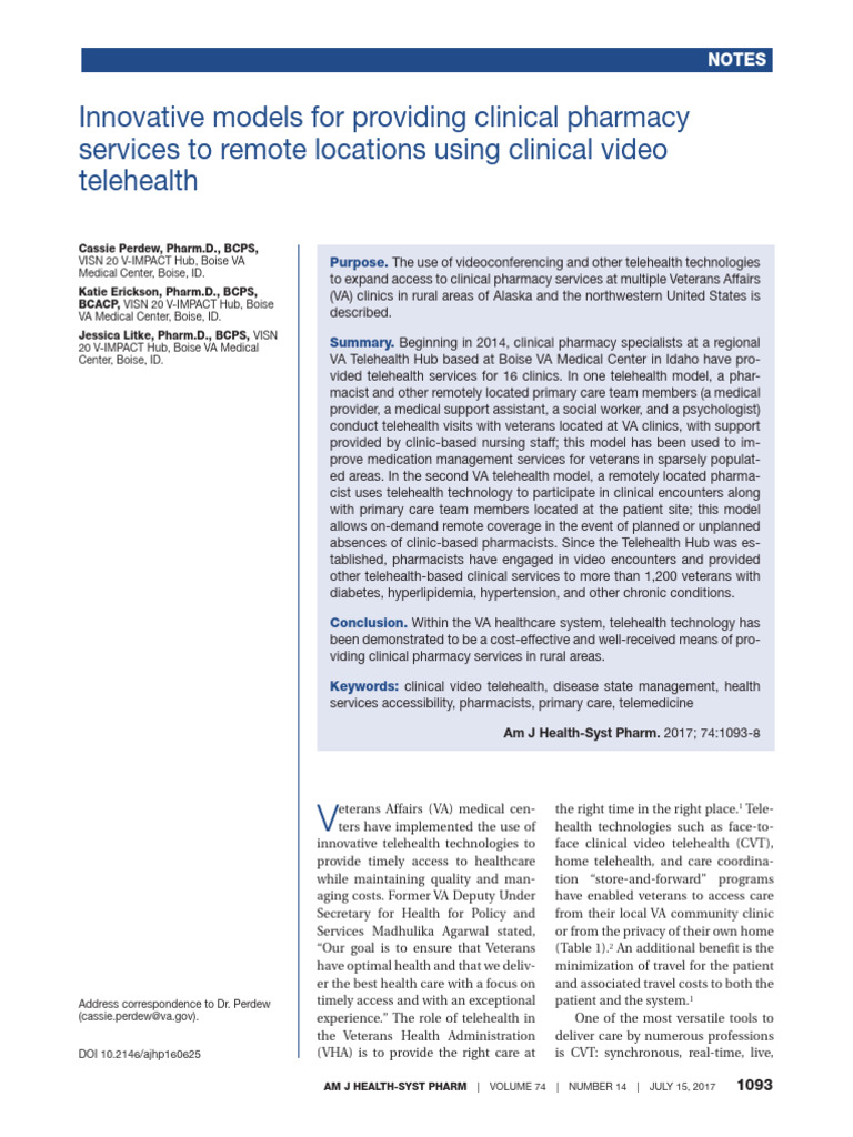 Clinical Video Telehealth for Rural VA Pharmacy Services | PDF ...