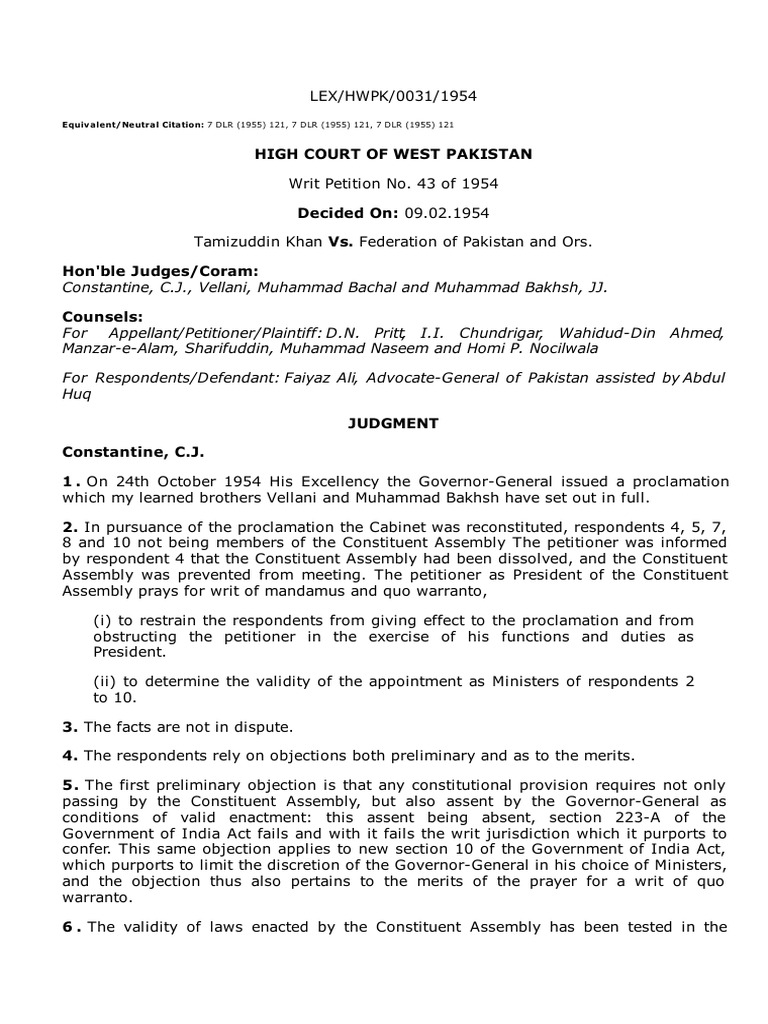 Tamizuddin Khan vs. Federation of Pakistan and Ors. (09.02.1954 - HWPK ...