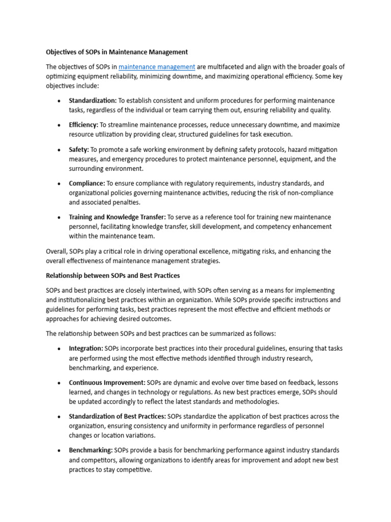 Maintenance Management SOP Objectives | PDF | Version Control ...