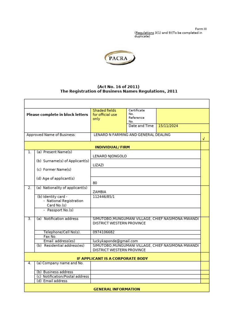 Business Name Registration Form Zambia | PDF
