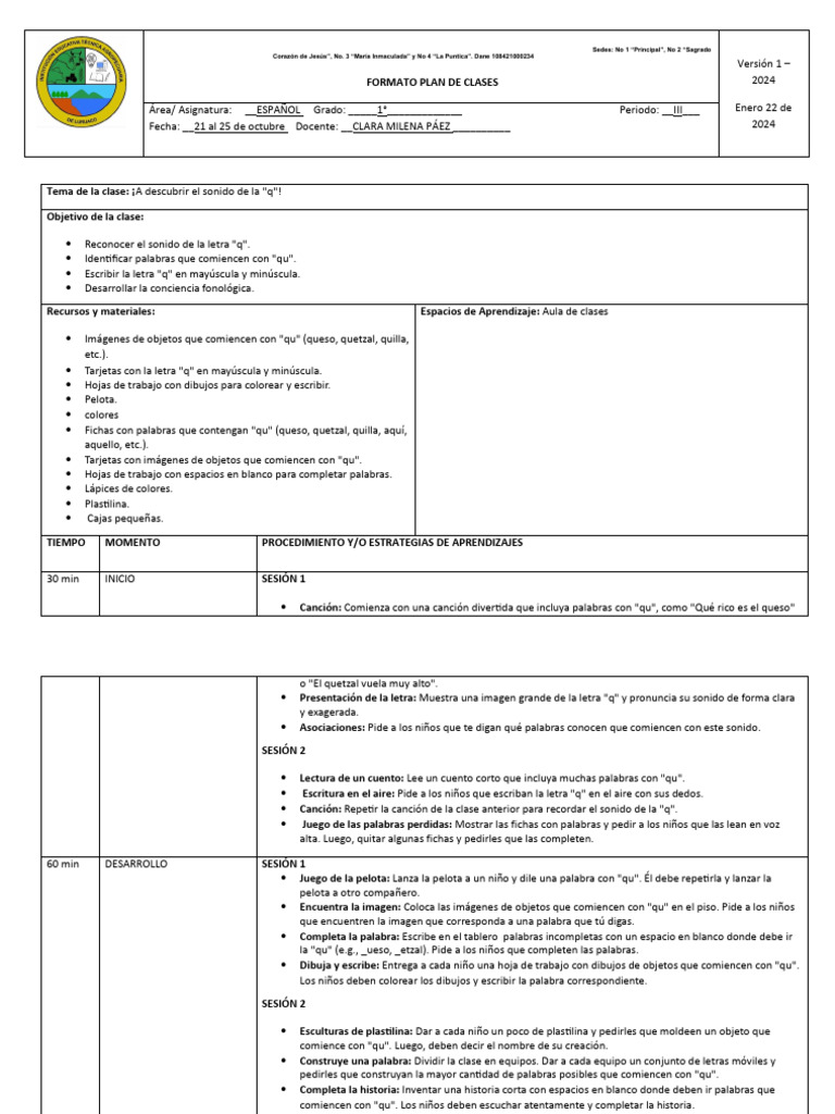 PLAN DE CLASES 4° Español | PDF