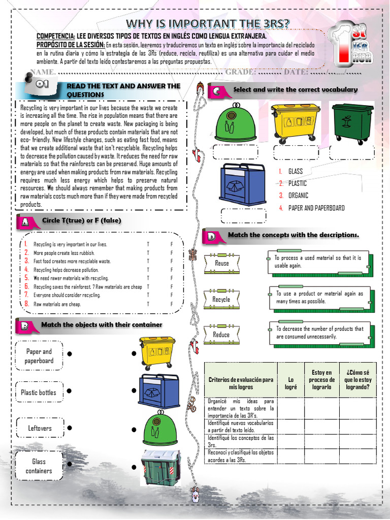 3Rs Worksheet for Grade 1 | PDF | Recycling | Waste