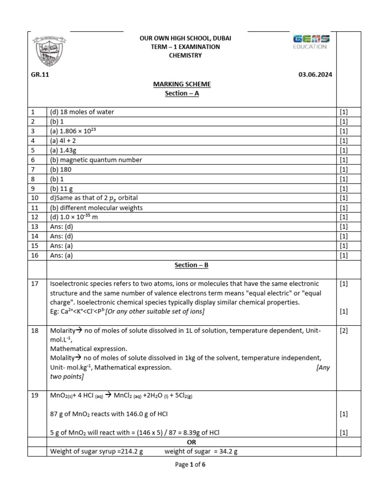 Oob DXB Xi Chem Term 1 Ak 2024 | PDF | Molecules | Chemistry