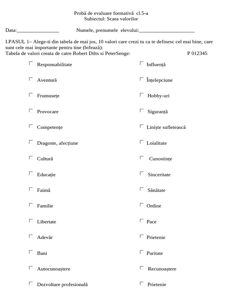 Test de Autoevaluare Scara Valorilor Umane cl.5 | PDF