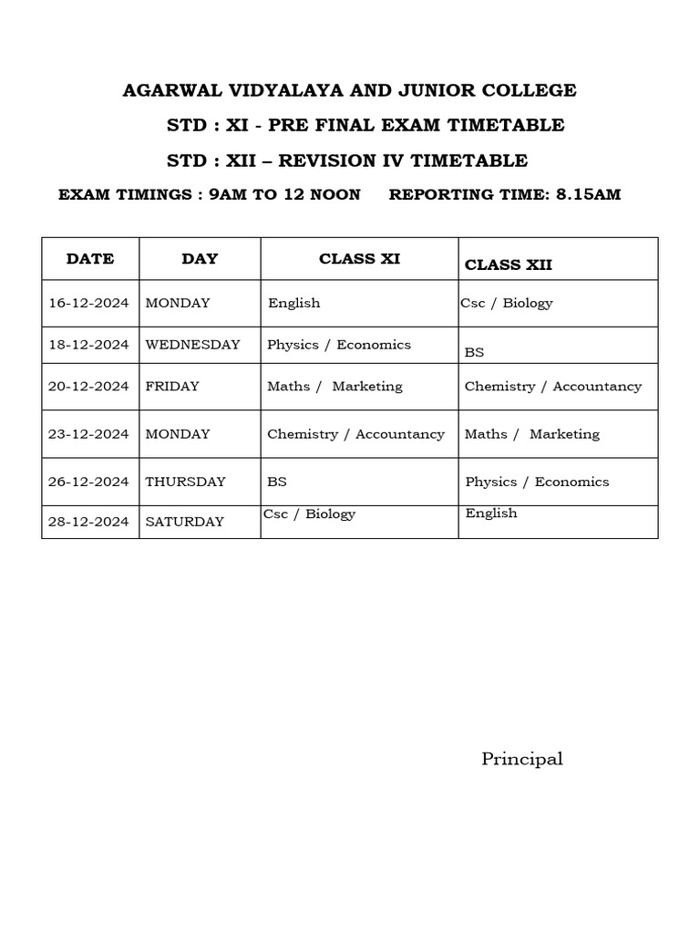 Xi - Prefinal & Xii Rev 4 Exam Timetable | PDF