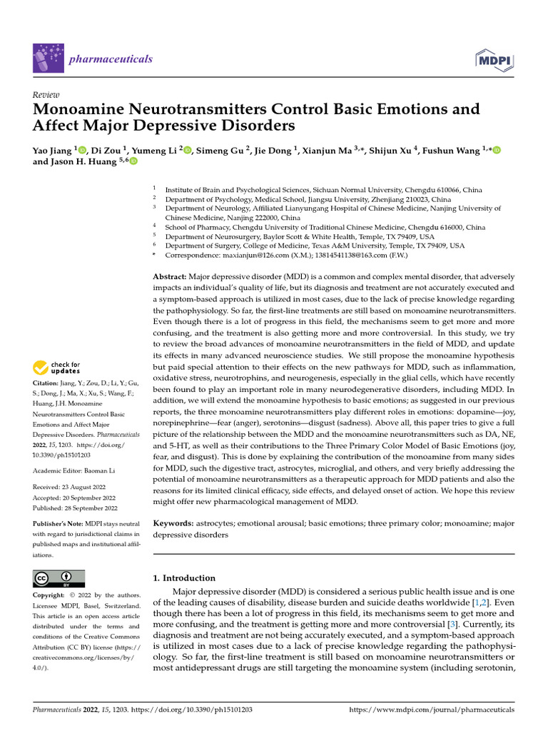 Monoamine Neurotransmitters Control Basic Emotions and Affect Major ...