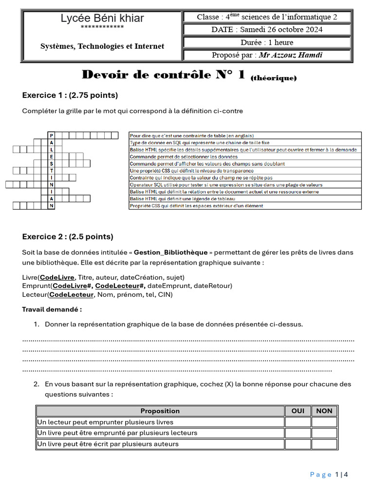 Devoir de contrôle STI2 Informatique | PDF | Informatique